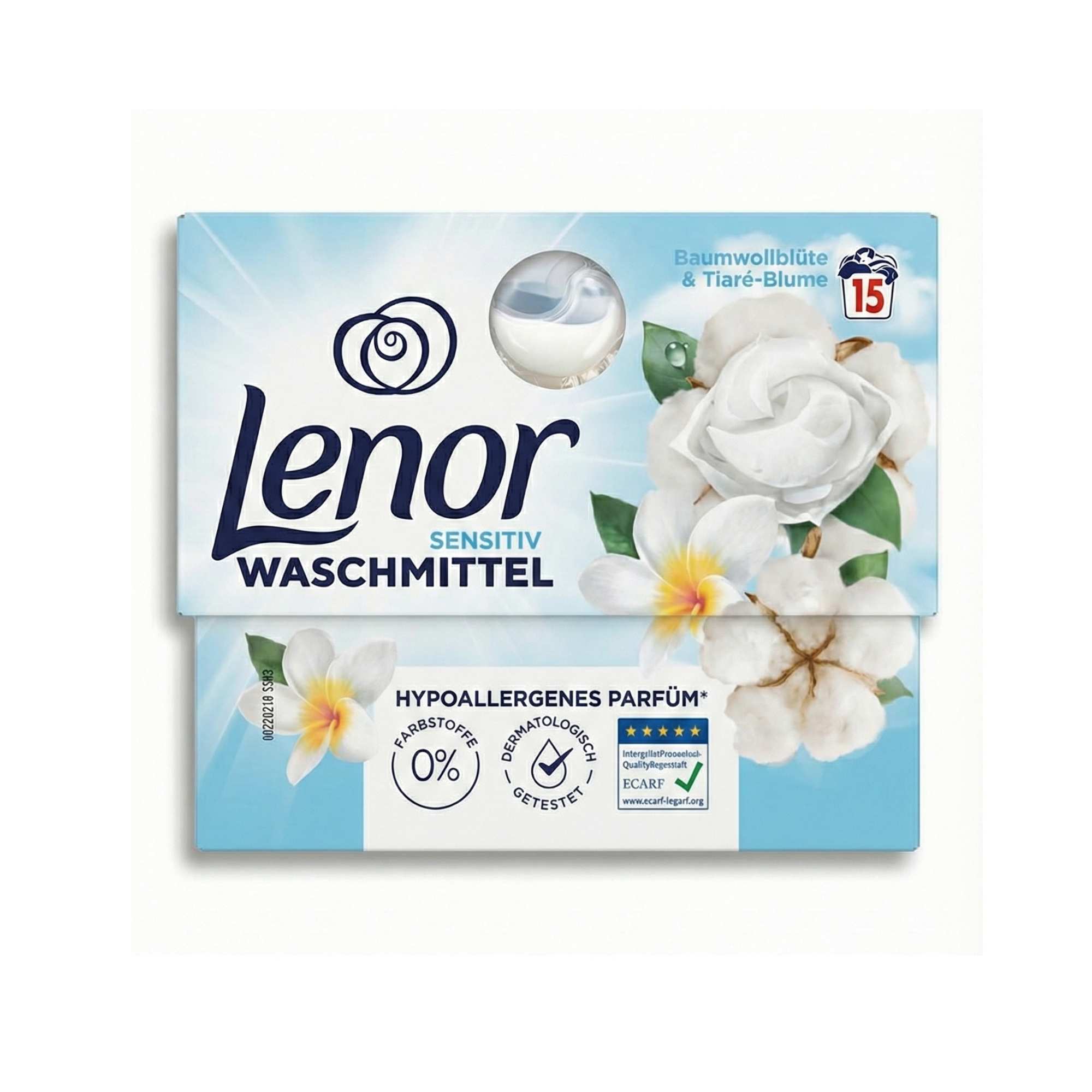 Lenor skalbimo kapsulės „Sensitive“ su medvilnės ir tiarė gėlių aromatu, 15 skalbimų