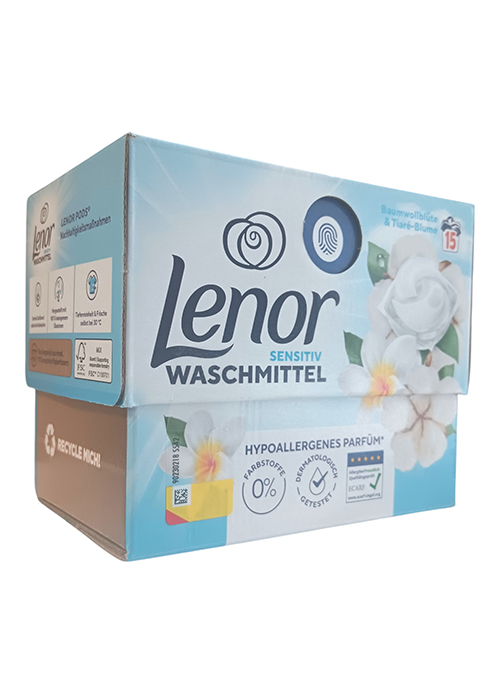 Lenor skalbimo kapsulės „Sensitive“ su medvilnės ir tiarė gėlių aromatu, 15 skalbimų
