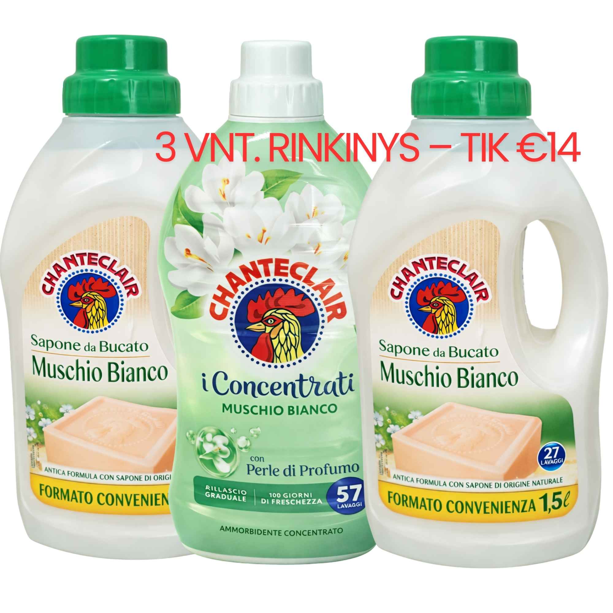 Chante Clair Muschio Bianco rinkinys - du 1,5 l skalbikliai ir vienas koncentruotas audinių minkštiklis