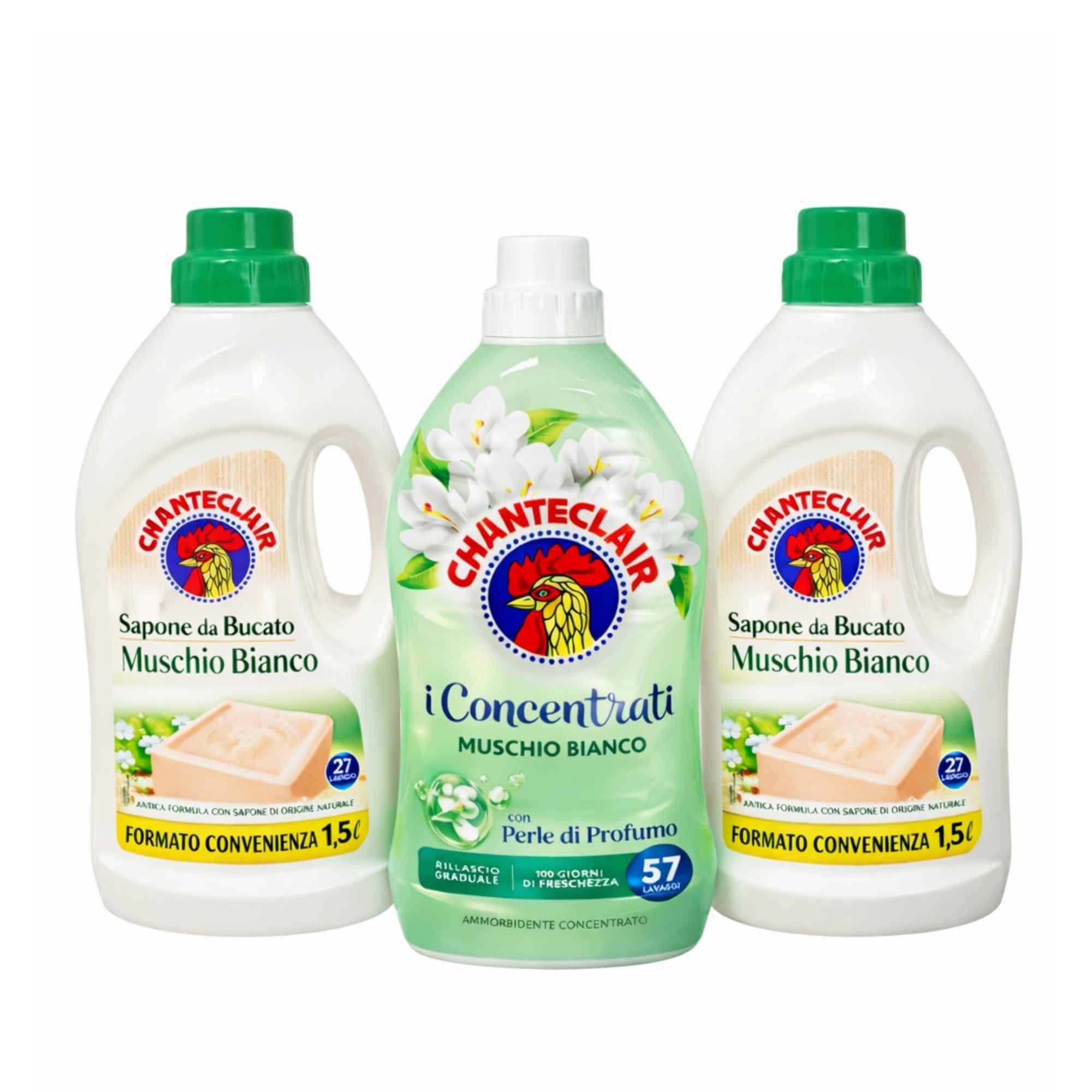 Chanteclair Muschio Bianco – tai skalbimo priemonių rinkinys, kurį sudaro du skysti skalbikliai (1500MLx2) ir vienas koncentruotas audinių minkštiklis 1140ML