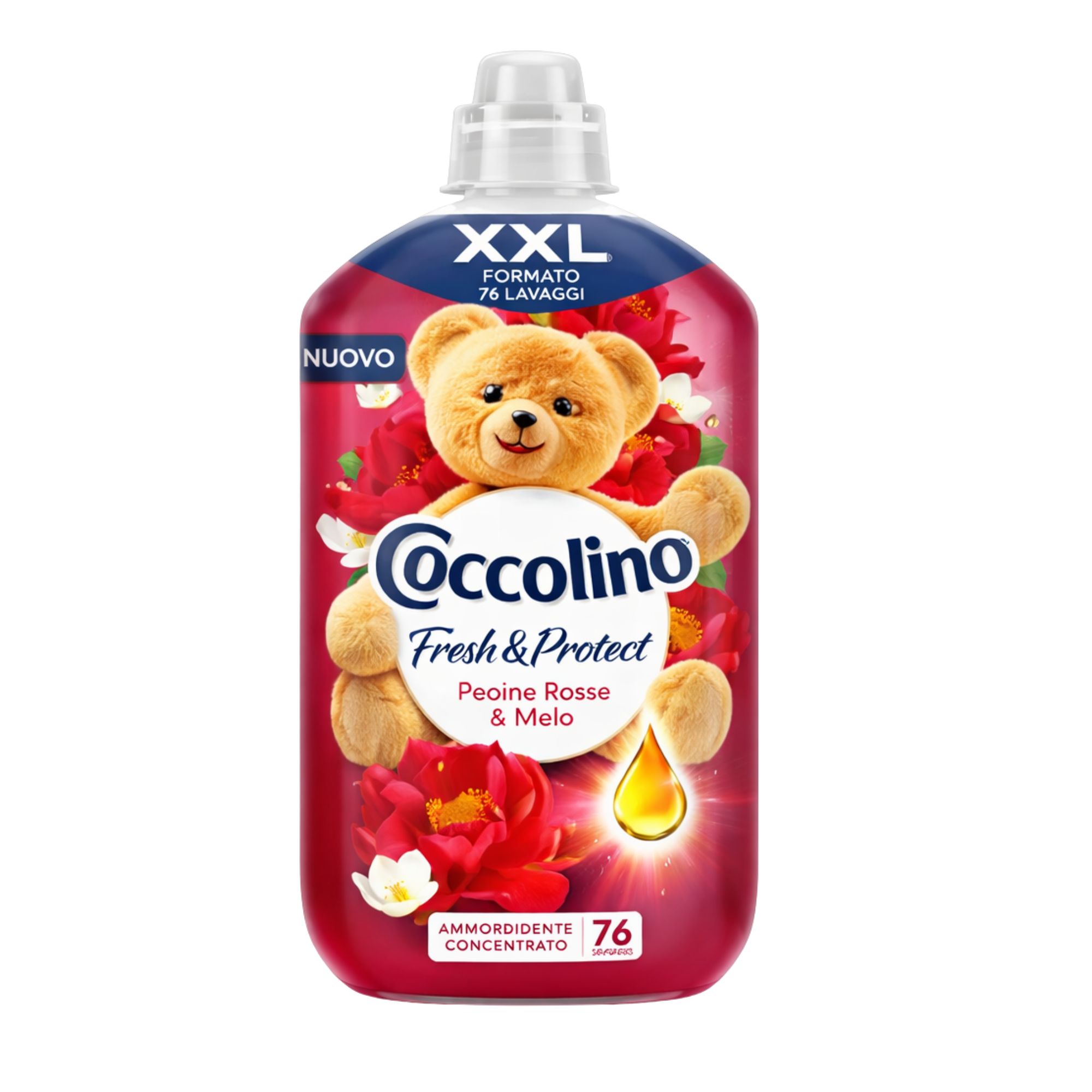 COCCOLINO koncentruotas skalbinių minkštiklis 76 skalbimai, 1750 ml – raudonosios bijūnės ir obuolio kvapo