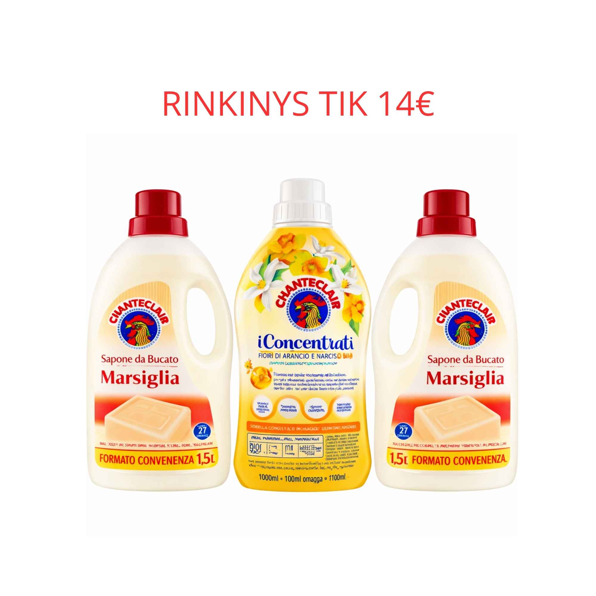 Chanteclair Marsiglia rinkinys – skalbimo priemonių kombinacija, kurią sudaro 2× skystas skalbiklis (1500 ml, po 27 skalbimus kiekvienas) ir 1× koncentruotas audinių minkštiklis (1140 ml, iki 57 skalbimų) su apelsinų žiedų ir narcizų aromatu