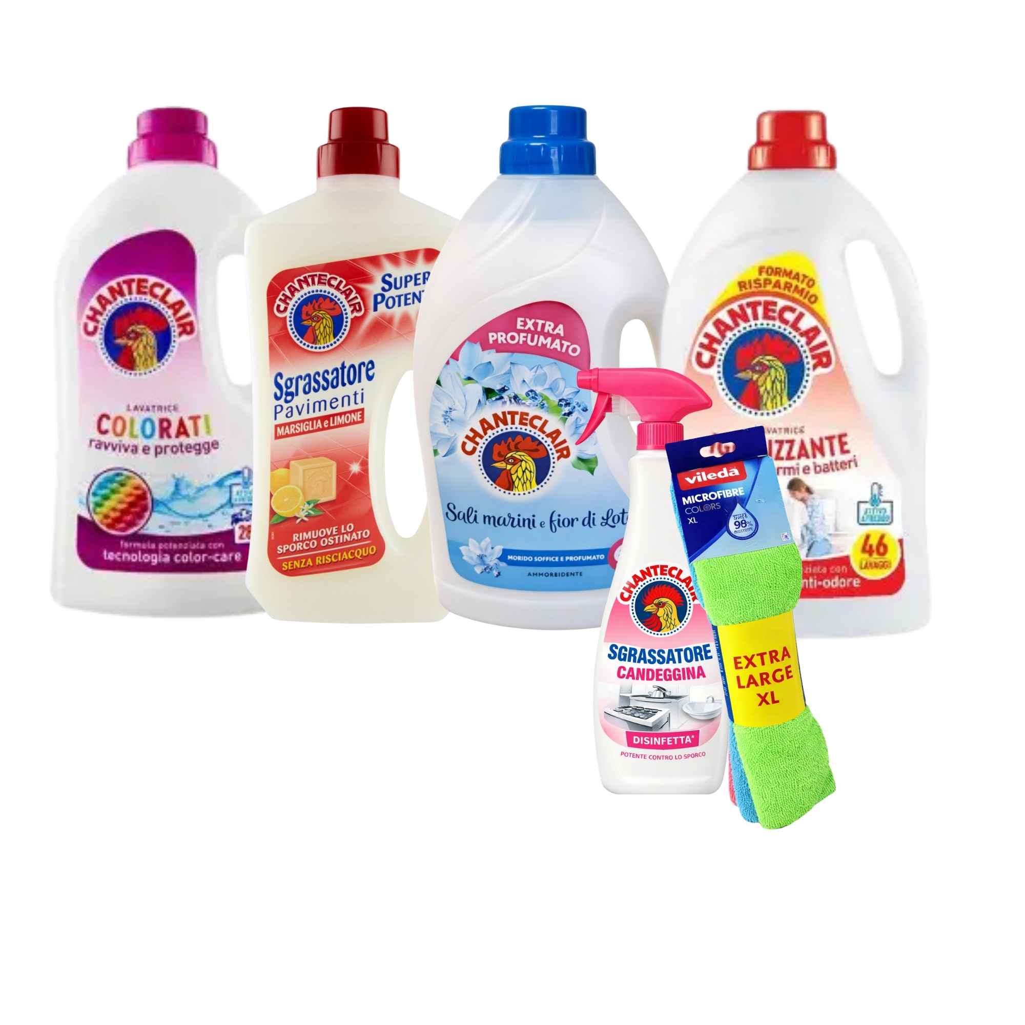 Skalbimo ir virtuvės valymo rinkinys Chante Clair su minkštikliu, grindų valikliu ir mikropluošto šluostėmis