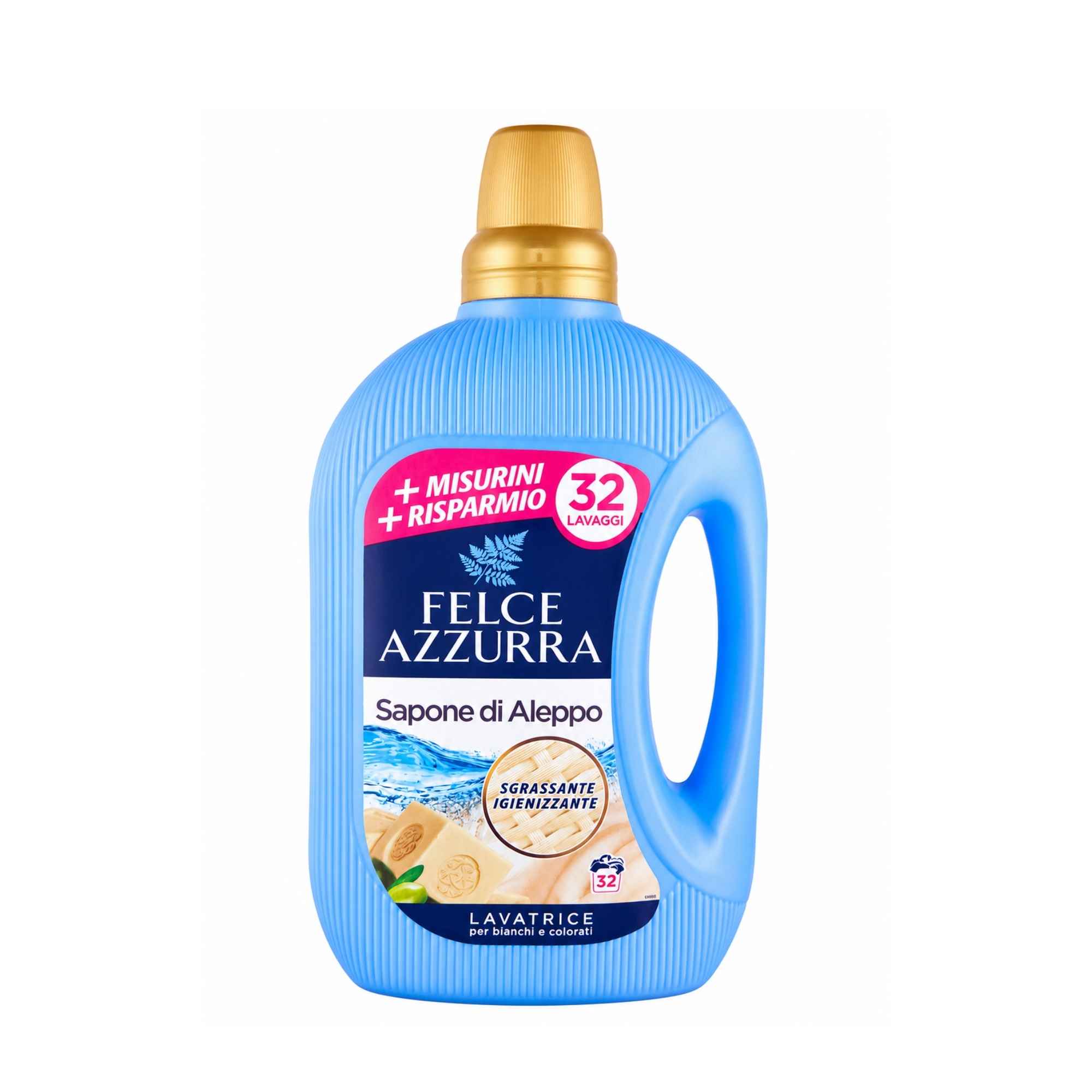 Felce Azzurra Sapone di Aleppo skystas skalbiklis 1595 ml mėlyname butelyje, skirtas baltų ir spalvotų audinių skalbimui.